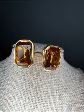 Goldtone Amber Faceted Glass Stud Earrings - Women Jewelry